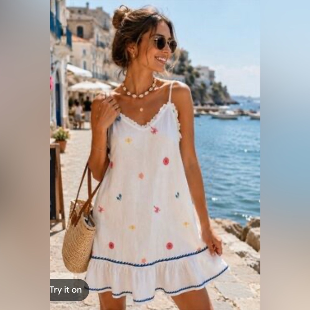 Cynthia Rowley White Cotton Embroidered Sundress with Colorful Accents